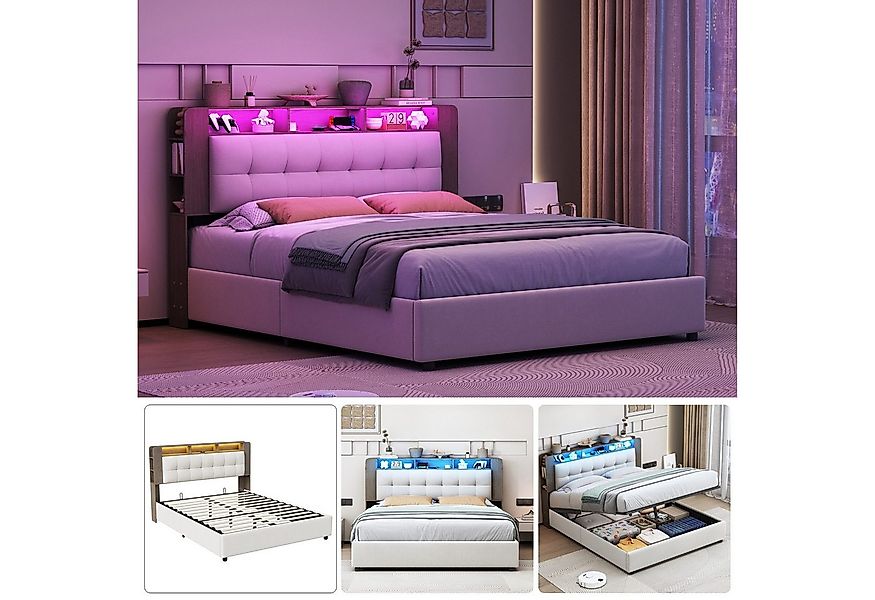 PXloue Polsterbett LED hydraulisches Doppelbett (Kopfteil mit integrierter günstig online kaufen