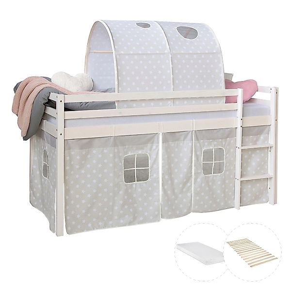 Homestyle4u Hochbett 90x200 Weiß mit Lattenrost und Matratze Tunnel 2772 günstig online kaufen
