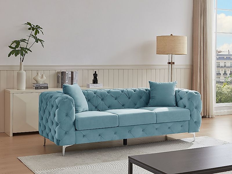Chesterfield-Sofa 3-Sitzer - Samt - Pastellblau - EDWINA günstig online kaufen