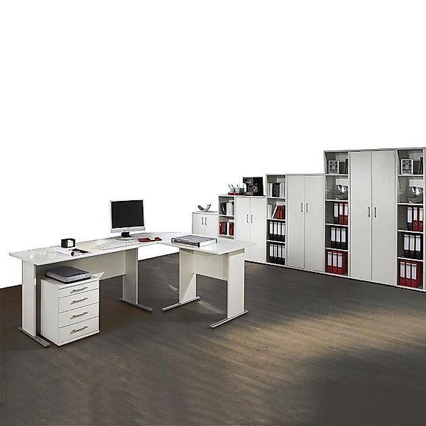 Büromöbel Set STETTIN-16 weiß, Eckschreibtisch mit Container, 4 Aktenschrän günstig online kaufen