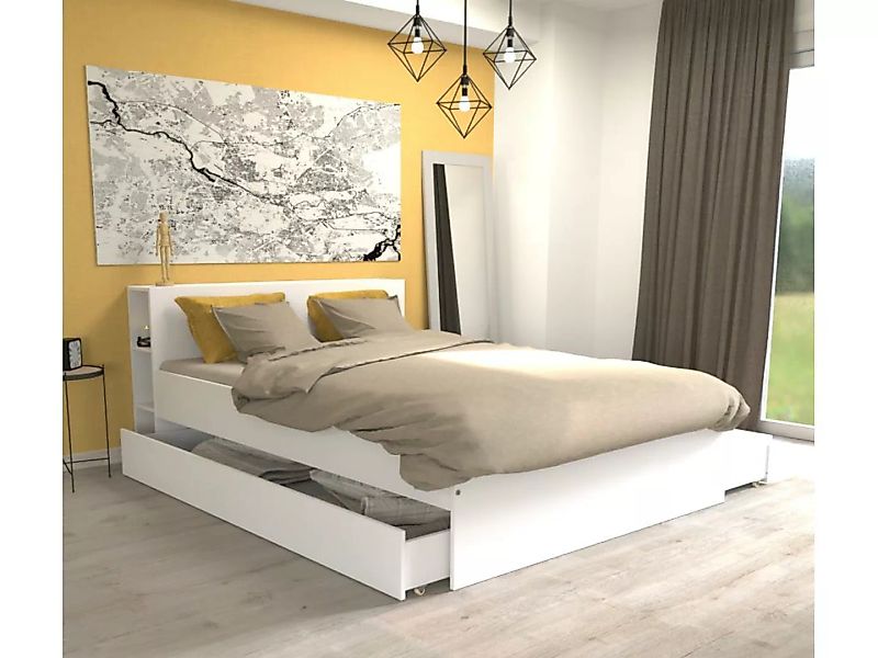 Bett mit Kopfteil, Stauraum und Schubladen - 160 x 200 cm - Weiß + Lattenro günstig online kaufen