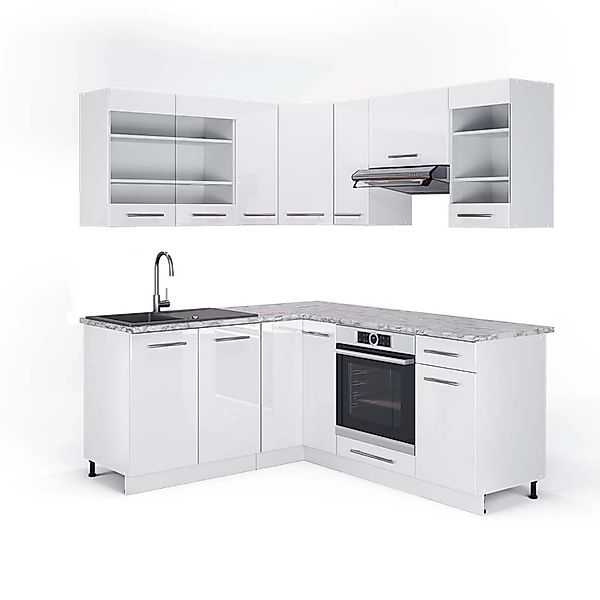Vicco Fame-Line Eckküche Weiß Hochglanz/Weiß 160 x 190 cm AP Marmor ohne E- günstig online kaufen