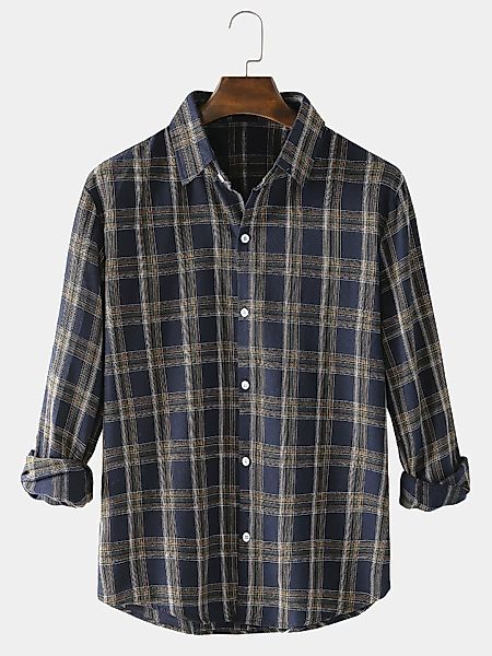 Herren Plaid Revers Kragen Button Up Loose Fit Casual Langarmhemden günstig online kaufen