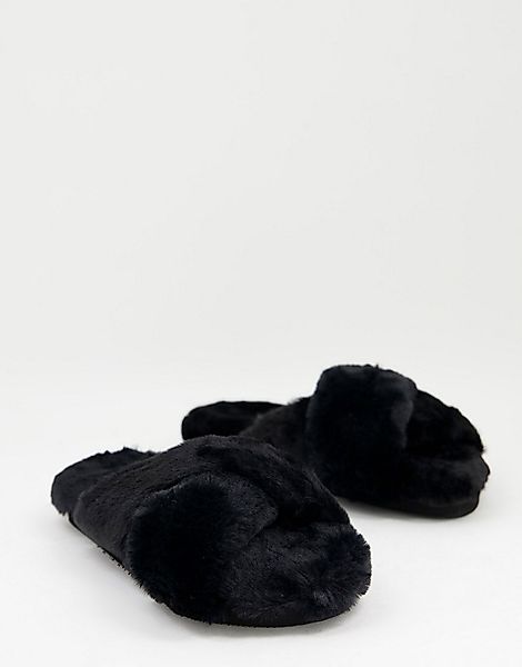 Monki – Offene Kunstpelz-Pantoffeln aus recyceltem Polyester in Schwarz günstig online kaufen