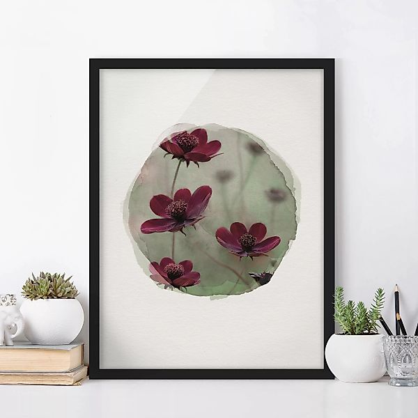 Bild mit Rahmen Blumen - Hochformat Wasserfarben - Pinke Kosmeen günstig online kaufen