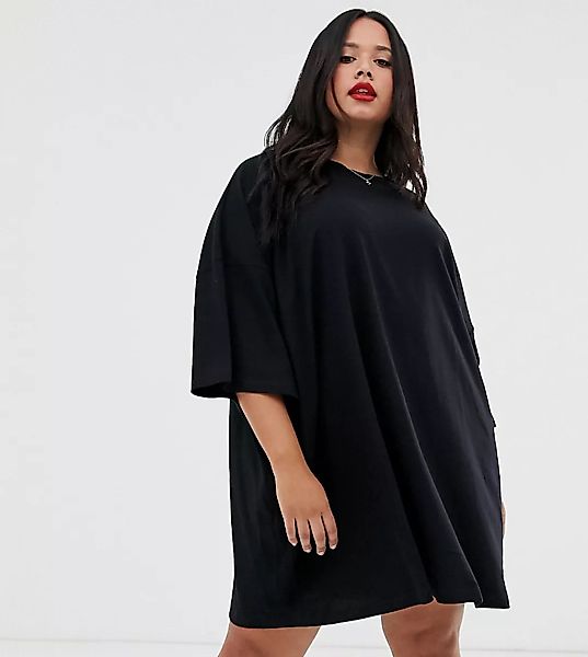 ASOS DESIGN Curve – Schwarzes T-Shirt-Kleid im Oversize-Stil günstig online kaufen