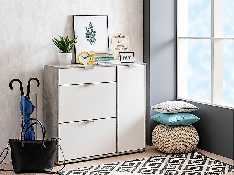 Schuhschrank Schuhkipper mit 1 Tür, 2 Ablagen & 1 Schublade - Weiß/Beton-Op günstig online kaufen