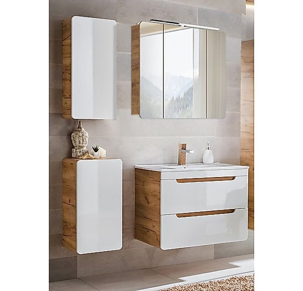 Lomadox Badmöbel-Set LUTON-56, (Spar-Set, 4-St), weiß mit Wotan Eiche Nb. 1 günstig online kaufen
