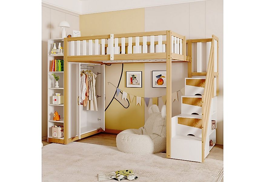 Flieks Hochbett Kinderbett 90x200cm mit Stauschrank Kleiderschrank und Stau günstig online kaufen