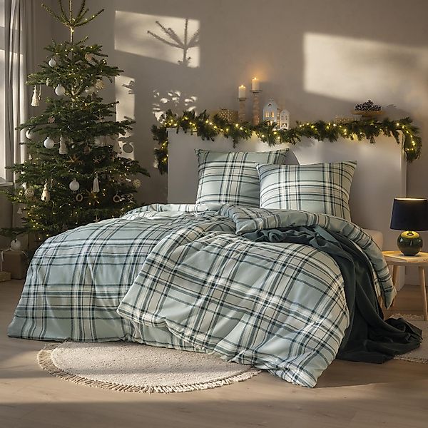 Estella Flanell Bettwäsche Hannes 4459-080 Kariert Jade Grün 135x200 günstig online kaufen