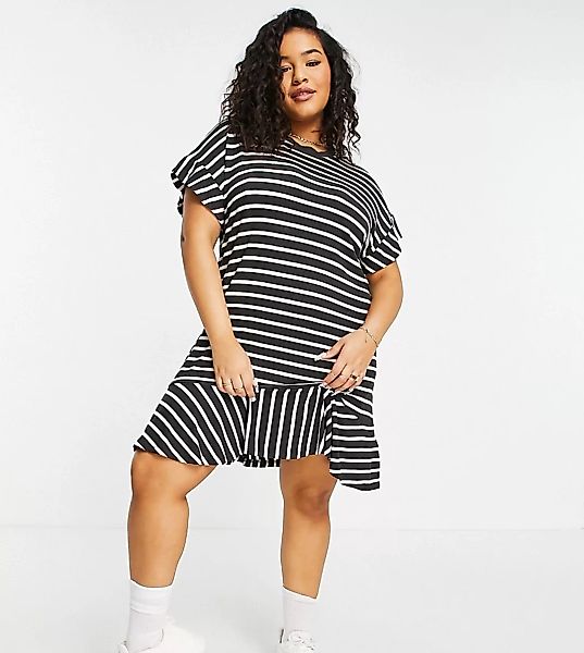 Simply Be – Gestreiftes T-Shirt-Kleid mit Rüschensaum in Schwarz und Weiß-M günstig online kaufen