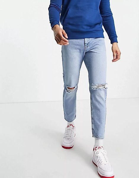 ASOS DESIGN – Klassische, feste Jeans in verwaschenem Mittelblau mit Zierri günstig online kaufen