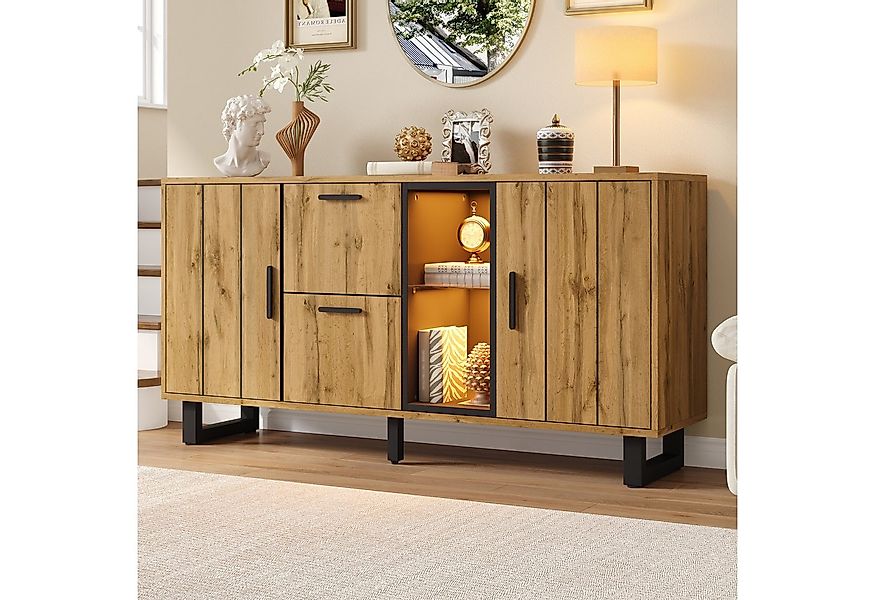 Merax Sideboard mit LED-Beleuchtung, Wohnzimmerschrank in Naturholzfarbe & günstig online kaufen
