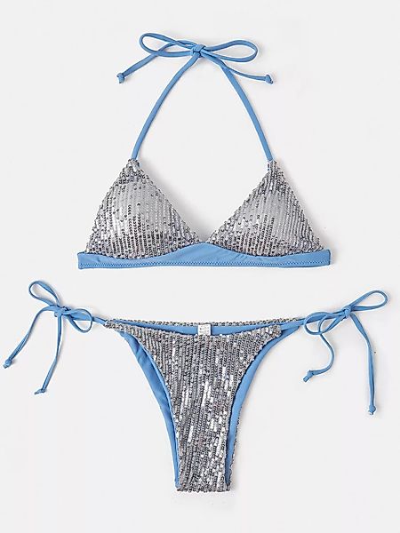 Damen Pailletten Solid Color Triangle Halfter Rückenloser Bikinis Badeanzug günstig online kaufen
