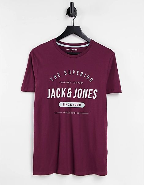 Jack & Jones – T-Shirt in Burgunder mit Logo und Rundhalsausschnitt-Rot günstig online kaufen