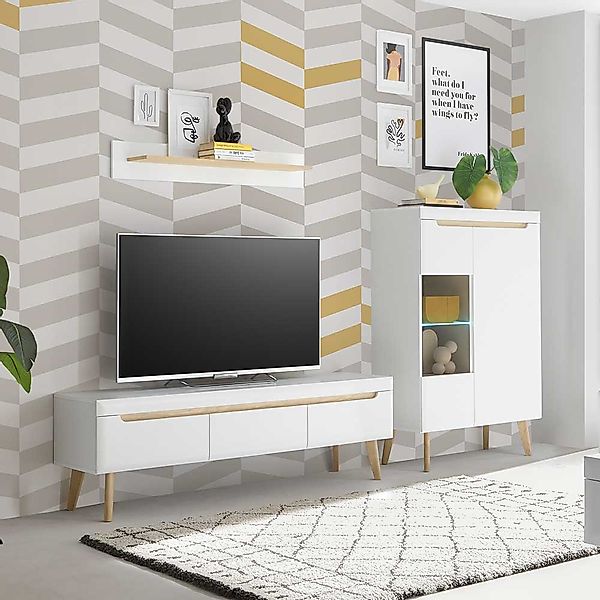 Skandi Stil Wohnwand in Weiß Eichefarben (dreiteilig) günstig online kaufen