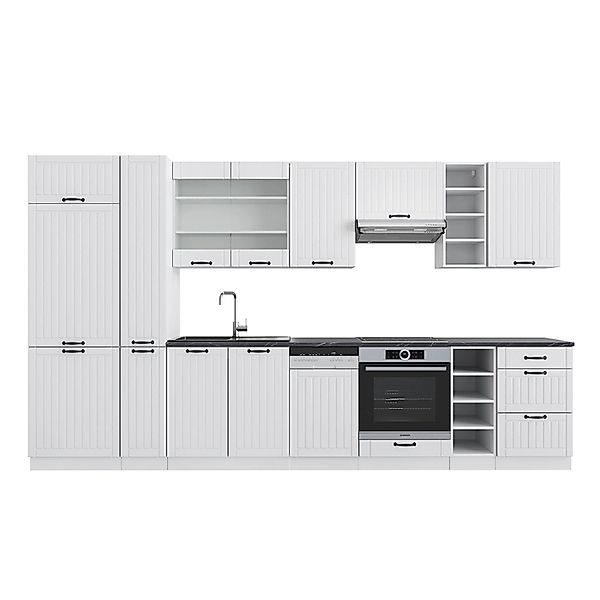 Vicco Fame-Line Küchenzeile Weiß Landhaus/Weiß 355 cm mit Hochschrankohne A günstig online kaufen