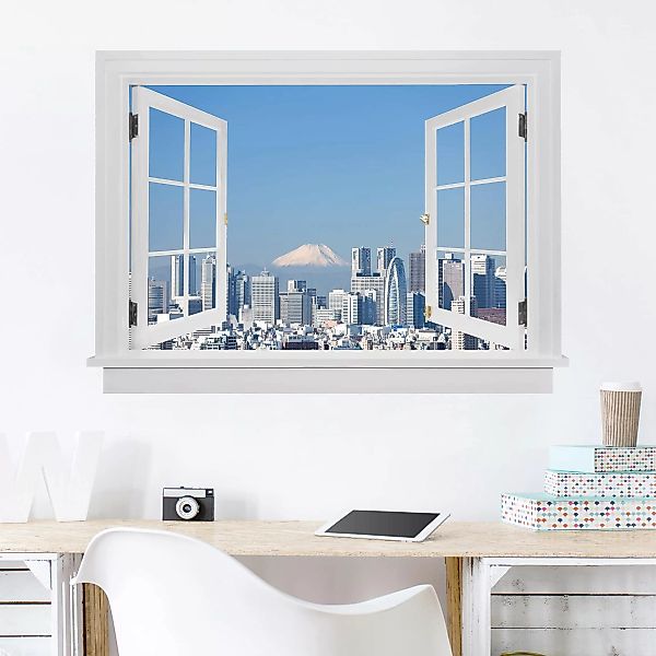 3D Wandtattoo Offenes Fenster Tokio vor dem Mount Fuji günstig online kaufen