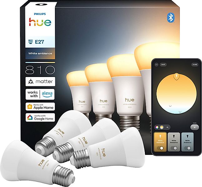 Philips Hue LED-Leuchtmittel White Ambiance 810lm smarte Lampe, E27, 4 St., günstig online kaufen