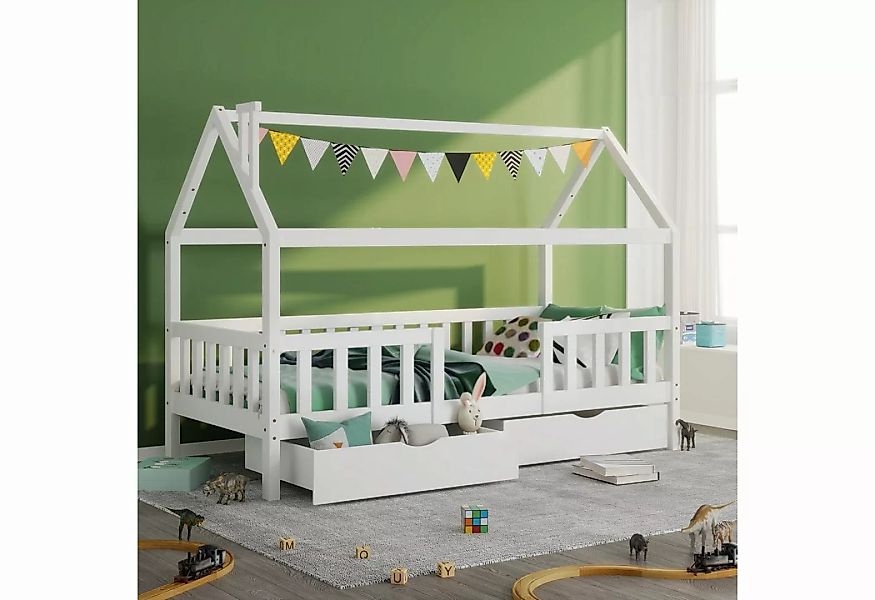 SOFTWEARY Kinderbett (Hausbett mit 2 Schubladen und Lattenrost, 90x200 cm), günstig online kaufen