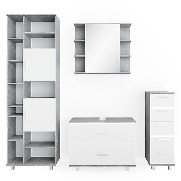 Vicco Badmöbel-Set Ilias Beton/Weiß 4 Teile mit Hochschrank günstig online kaufen