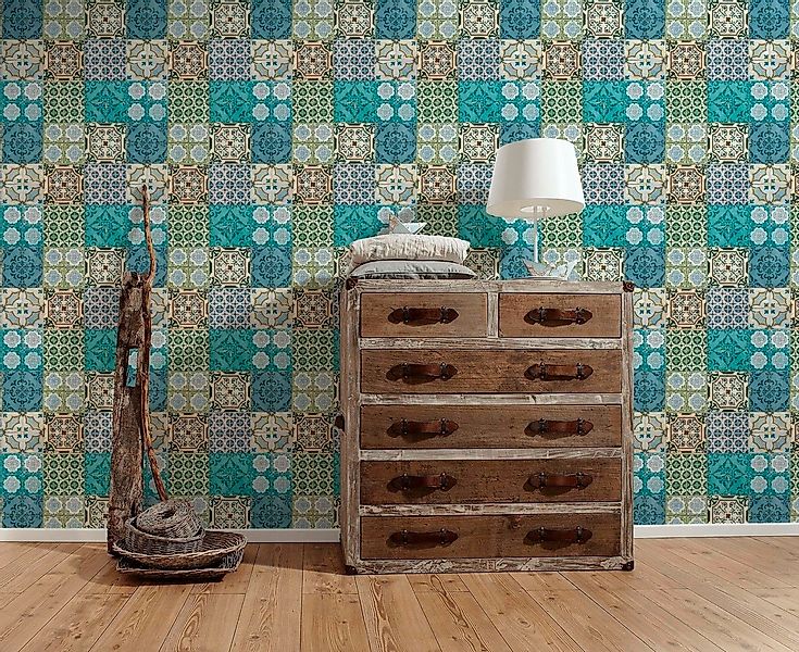 Bricoflor Türkise Tapete in Fliesenoptik Orientalische Mosaik Tapete Ideal günstig online kaufen