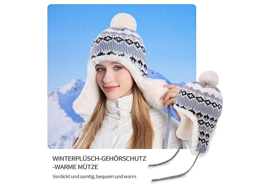 Refttenw Ohrenmütze Plüsch gestrickte Pullover Beanie,Ohrenschützer,Schnürd günstig online kaufen