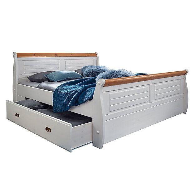 Lomadox Bettgestell SAVONA-69, Kiefer massiv weiß gewachst mit honigfarben, günstig online kaufen