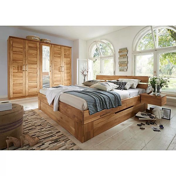 180x200 cm Bett Set mit 5-türigem Massivholz Kleiderschrank mit Spiegel NOR günstig online kaufen