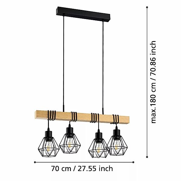 Hängeleuchte Townshend, Länge 70 cm, schwarz/eiche, 4-flg. günstig online kaufen