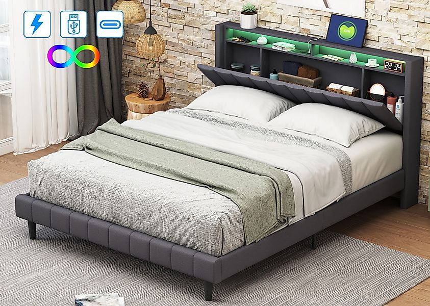 FUROKOY Polsterbett Doppelbett Stauraumbett mit LED-Beleuchtung günstig online kaufen