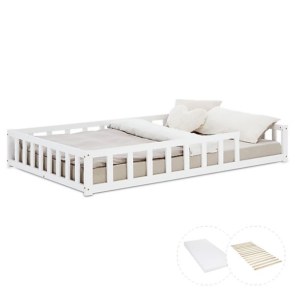 Homestyle4u Kinderbett Weiß mit Rausfallschutz 120x200 cm Bodenbett Lattenr günstig online kaufen