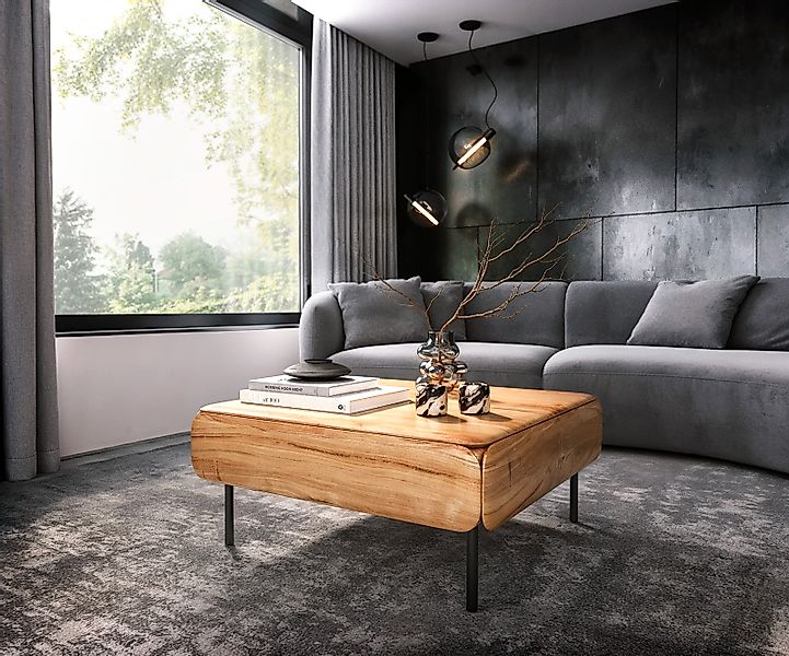 Couchtisch Shavani 90x90 cm Akazie Natur 2 Schubladen Metall Schwarz günstig online kaufen