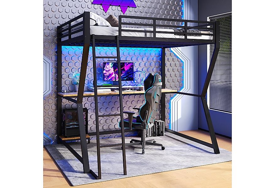 Flieks Hochbett LED Metallbett 140x200cm mit Schreibtisch und Aufladenfunkt günstig online kaufen