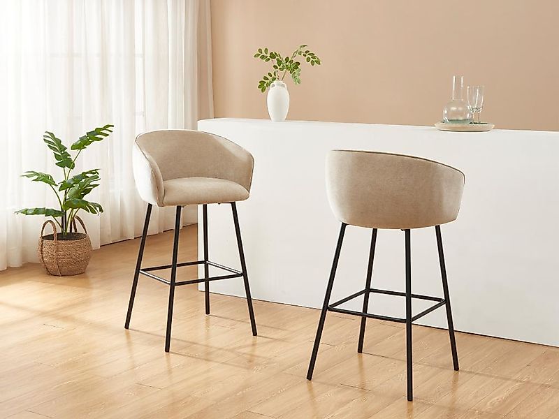 Barhocker 2er-Set - Stoff & schwarzes Metall - Beige - LAZONI von Pascal MO günstig online kaufen