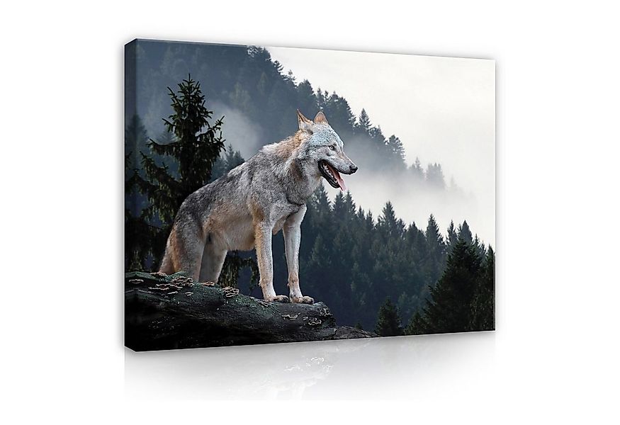 Wallarena Leinwandbild Wolf Wald Nebel Tiere Natur Wandbild XXL Leinwandbil günstig online kaufen