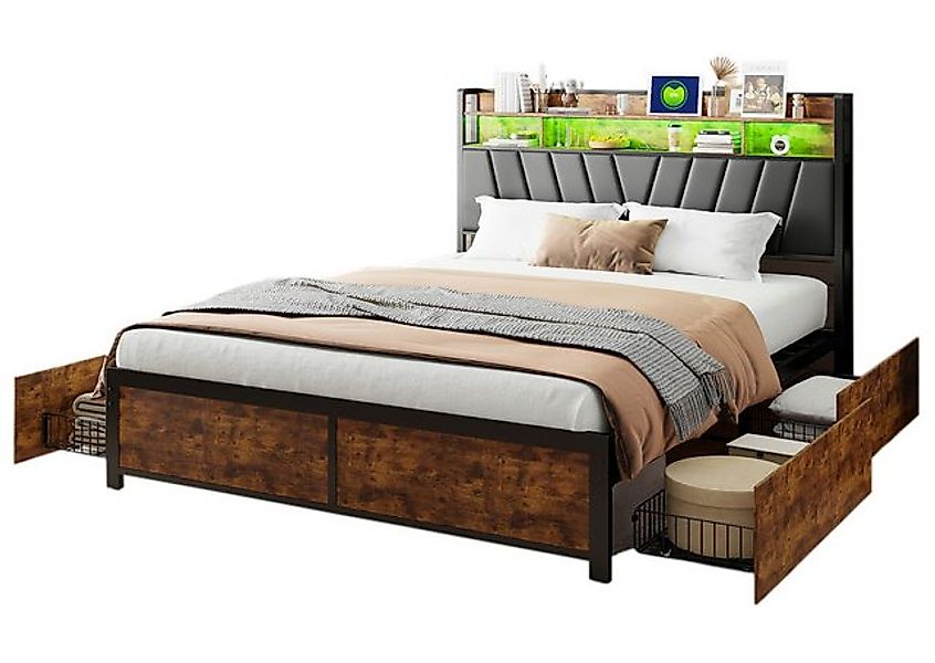 FUROKOY Metallbett Stauraumbett Doppelbett mit 4 Schubladen und LED Beleuch günstig online kaufen