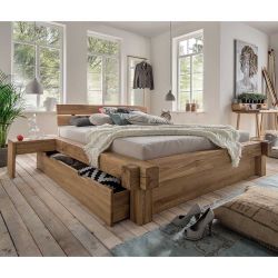 Doppelbett aus Wildeiche Massivholz Schublade (dreiteilig) günstig online kaufen