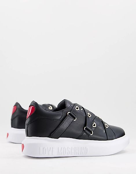 Love Moschino – Sneaker in Schwarz mit mehreren Riemchen und goldfarbenen H günstig online kaufen