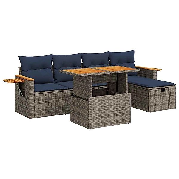 vidaXL 6-Tlg Garten-Sofagarnitur mit Kissen Grau Poly Rattan Akazie 3328132 günstig online kaufen