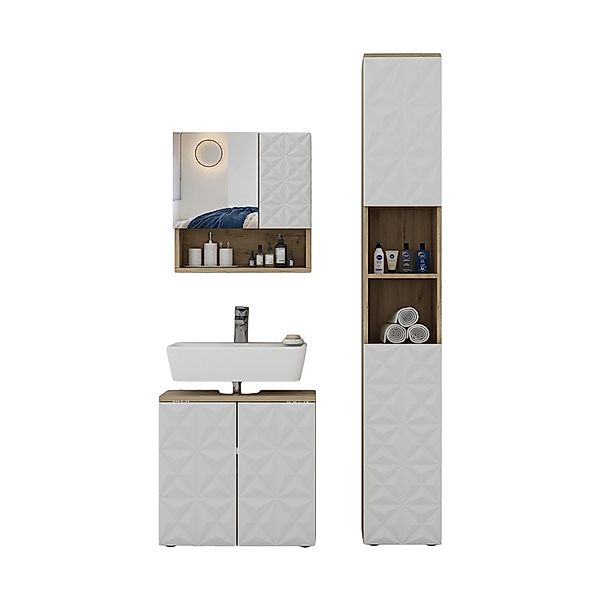 Vicco Badmöbel-Set Edge Weiß/Eiche 3 Teile mit Hochschrank günstig online kaufen