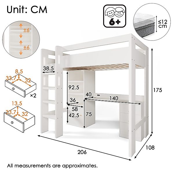 Ulife Hochbett Kinderbtt mit USB-C Schreibtisch, günstig online kaufen