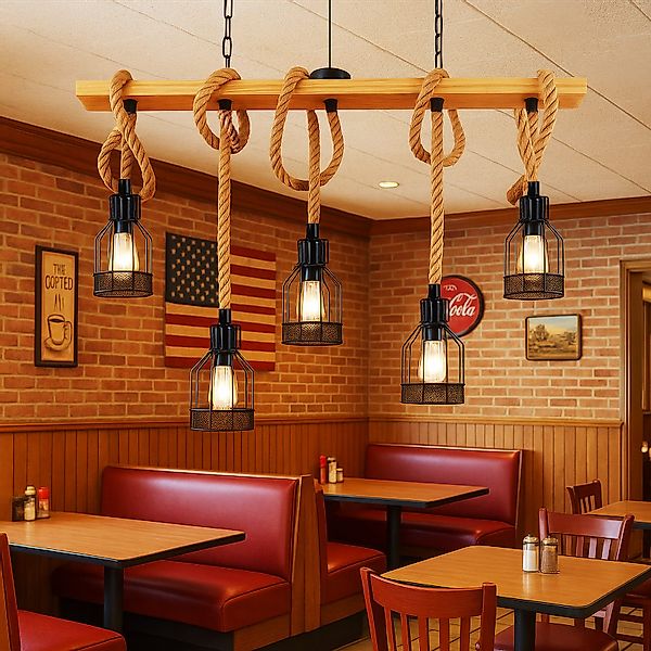 BlingBin Pendelleuchte Esstischlampe Holz Retro 5-flammig günstig online kaufen