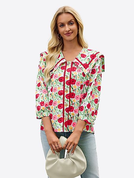 Imily Bela Druckbluse Damen mit Blumenmuster Knopfleiste 3/4-Puffärmeln qua günstig online kaufen
