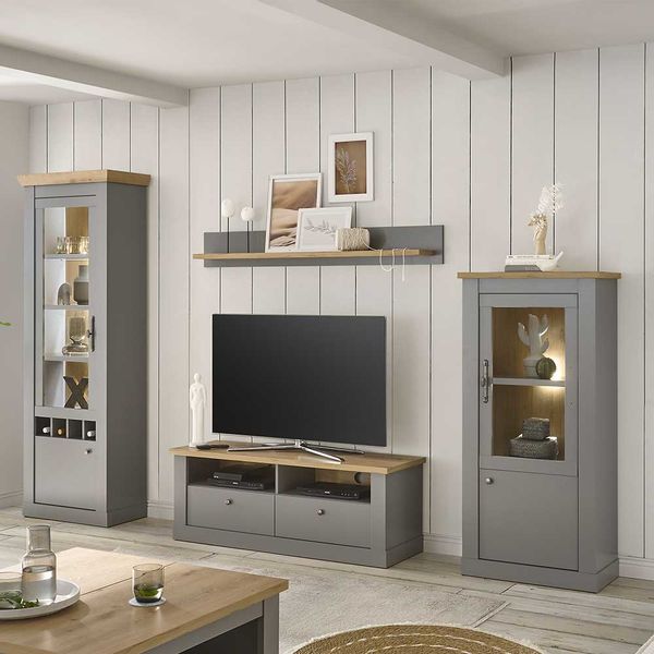 Graue Anbauwand im Landhausstil Metallgriffen (vierteilig) günstig online kaufen