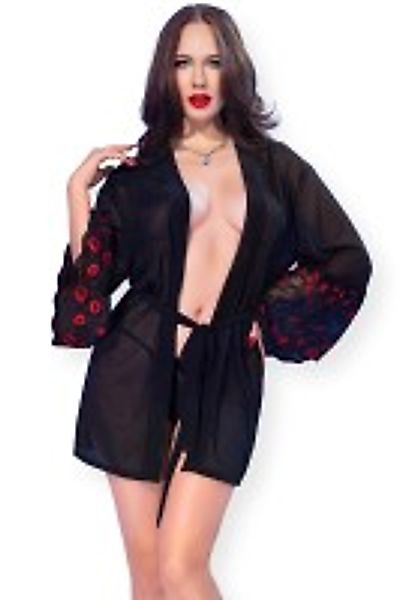 Morgenmantel mit Lippenstickerei – Schwarz/Rot günstig online kaufen