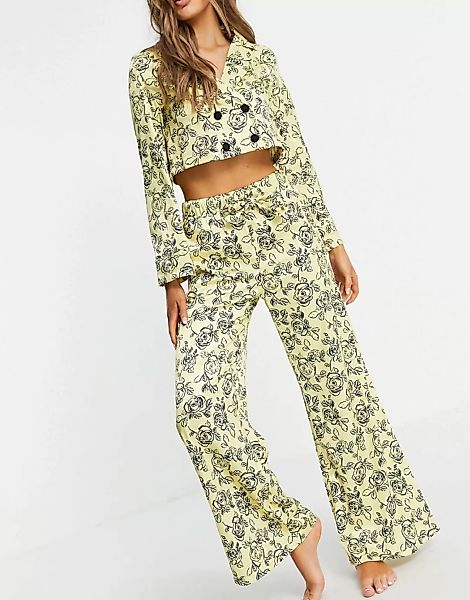 Lost Ink – Oversize-Pyjamaset aus Blazer und Hose mit weitem Bein in Gelb m günstig online kaufen