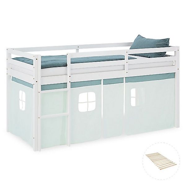 Homestyle4u Hochbett 90x200 Kinderbett Weiß Vorhang Mint Grün für 1 Kind Ki günstig online kaufen