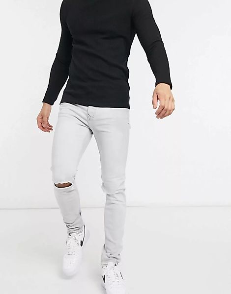 Topman – Enge Jeans aus Bio-Baumwollmix mit Zierrissen an den Knien in Grau günstig online kaufen