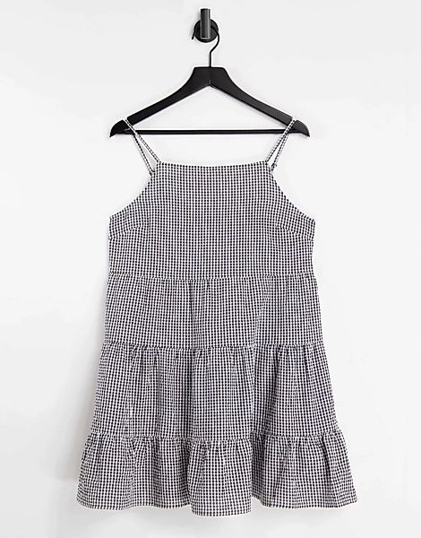 Miss Selfridge – Gestuftes Sommerkleid mit Vichy-Karomuster in Schwarz günstig online kaufen